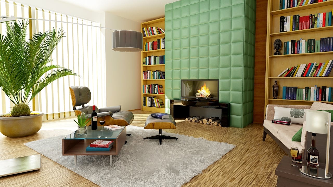 services-03 Elegant modern living room featuring stylish decor, bookshelves, and a cozy fireplace.